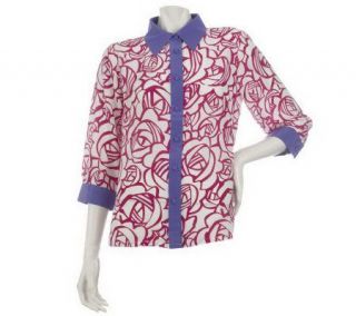 Bob Mackies Silk Button Front Rose Print Shirt —