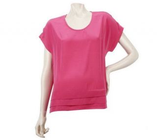 Susan Graver Woven U neck Pullover Top with Pleated Hem Detail