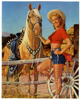 Vintage 1950s Technicolor Pin Up Photo Lithograph Cheerful Cowgirl and
