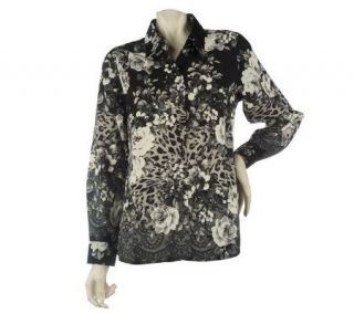 Susan Graver Peachskin Button Front Big Shirt with Mixed Prints 