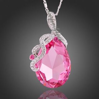 18K white gold Gp Swarovski Crystal &pink Quartz pendant necklace