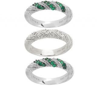 Judith Ripka Sterling Set of 3 Emerald & Diamonique Stack Rings 