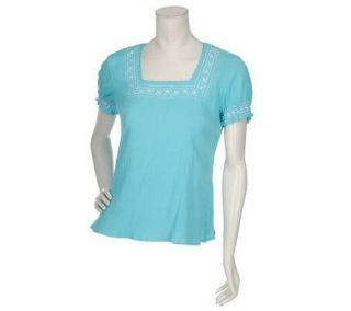 Denim & Co. Short Sleeve Gauze Peasant Top w/Embroidery   A79686