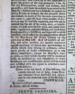 Lord Cornwallis Revolutionary War REPORTS1780 Newspaper
