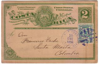 Costa Rica UPT Postal Card Mute Cancel to Colombia 1896