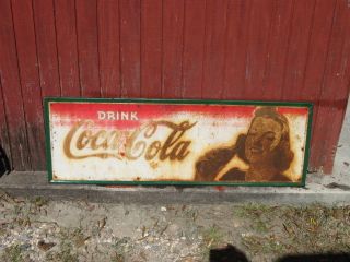  1941 Metal Drink Coca Cola Sign with Lady 18 x 54
