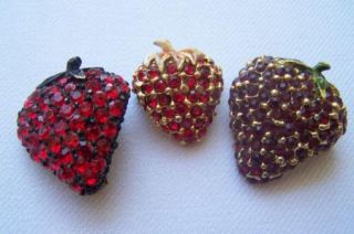 Vintage Ruby Red Rhinestone Strawberry Pin Brooch Lot