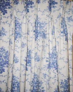  Lined Pinch Pleat Custom Made Blue White Floral Drapes 1 Pair