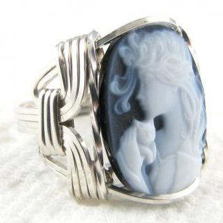 Fine Lady Cat Agate Cameo Ring Sterling Silver Custom Jewelry