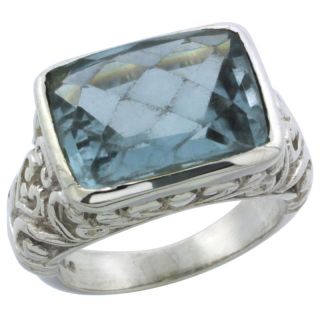  Ring w/ 14x10mm Checkerboard Cut Synthetic Blue Topaz Stone, 15/32 in