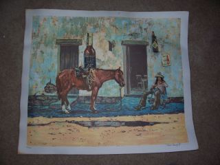 Vintage Western Lithograph Noel Daggett Cowboy Saloon Horse Cantina