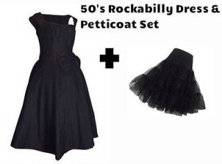 VINTAGE 1950s ROCKABILLY BLACK RED SWING BOW EVENING DRESS