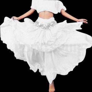 White Chiffon Belly Dance Dancing Dress Costume Spiral Skirt