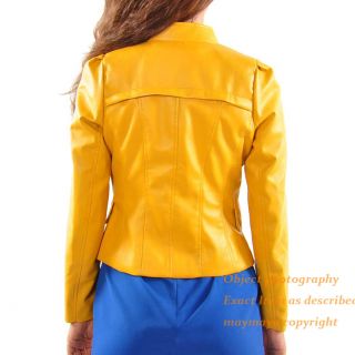Cropped Length Yellow High Cut Notched Neckline Faux Leather Biker