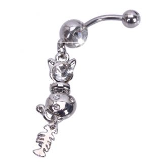 Cute Navel Belly Button Bar Ring Cat and Fish Bone Dangle Barbell Body