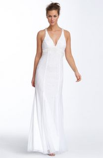 Sean Collection Crisscross Beaded Mesh Gown