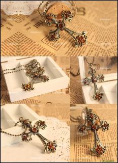  retro vintage bronze large cross rhinestones pendant long necklace