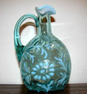 Northwood Blue Opalescent Blown Daisy & Fern Pattern Glass Cruet