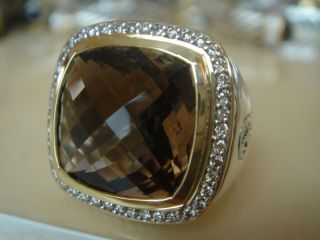 David Yurman 18 K SS Large Albion Smoky Quartz Diamond Ring
