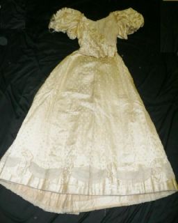  1890s Ivory Brocade Satin Leg O Mutton Wedding Ball Gown Dress