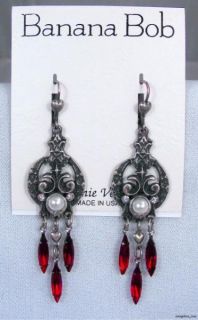  BOB Vtg RED SWAROVSKI CRYSTAL Rhinestone PEARL Dangle Pierced Earrings