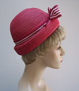 Vintage Pink Straw Hat Pink White Bow Danciger 1217