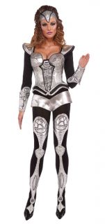 Sexy Cyborg Adult Costume includes silver and black top, gauntlets