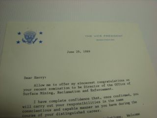 Signed Vice President Dan Quayle Congratulations Letter to OSM Harry