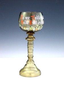  Heckert Bohemian German Art Glass Enamel Quote Floral Roemer Goblet