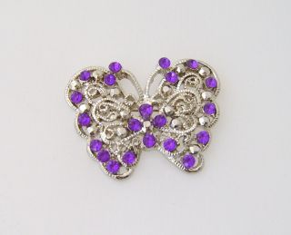 New Purple Rhinestone Butterfly Pin Brooch Silver Tone Setting 1 3 4