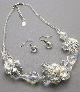 Chunky Clear Crystal Glass Bead Necklace Earrings Set