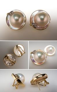  Pearl & Genuine Diamond Earrings Solid 14K Gold Fine Estate Jewelry