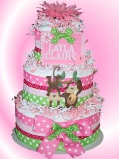 Pink and Green Personalized Monkey Diaper Cake Baby Shower Center