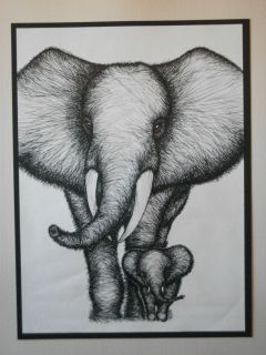 Vintage Rabindra Original Serigraph of Elephant with baby signed