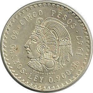 1947 Cuauhtemoc 5 Cinco Pesos 30 Gramos Silver Mexican Coin 0 900 MO