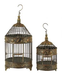 Set of 2 All Metal Decorative Bird Cages Color: Golden Brown Patina