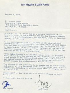 Jane Fonda Tom Hayden Vintage 1986 Signed Typewritten Letter Signed