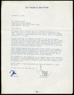 Jane Fonda Tom Hayden Vintage 1986 Signed Typewritten Letter Signed