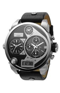 New Diesel Black Leather Band Chronograph 4 Time Zone Mens Watch