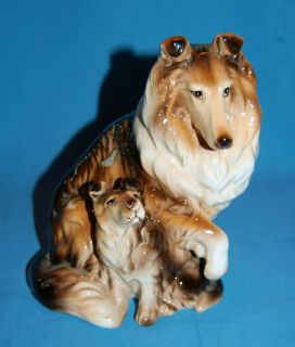  Porcelain Ceramic Pottery Gorgeous Collie Mother & Pup Dog Figurine