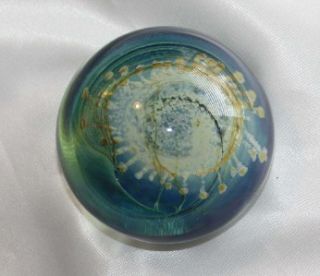 Signed Vintage Dominick Labino Blue and Yellow Paperweight 1975