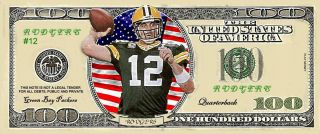 Aaron Rodgers in green jersey Green Bay Packers 100 Dollar Bill