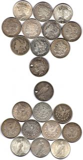 10 Silver Dollars 7 Morgan and 3 Peace Silver Dollars Assorted Plus