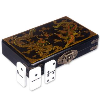 Domino Double 6 Dominoes Set Black Chinese Leather Box