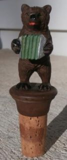Carved Wood Black Forest Bear Playing Accordian Cork Stopper