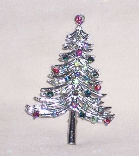 Vintage Signed DODDS Silver Tone Metal AB Rhinestone Christmas Tree
