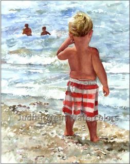 Beach Toddler Siblings Swim Children 8 x10 Giclee Watercolor Signed