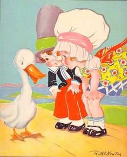  GOOSEY Goosey Gander Old 1934 Nursery Print by RUTH E. NEWTON Signed