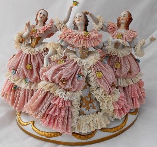 Dresden Elaborate Vintage Porcelain Lace Figurine 3 Dancing Ladies