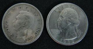 LOT 2 COINS CANADA 25 CENTS 1942 USA QUARTER DOLAR 1992 #31 x